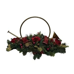 Vintage Brass Bugle 19" Horn Ivy Red Bow Pine Floral Pinecone Christmas Decor